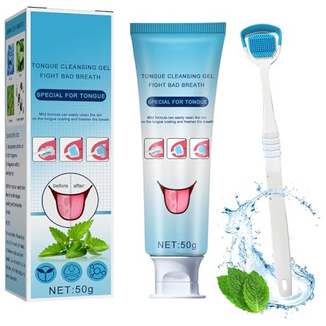 Tongue Cleansing Gel + Zungenbürste, Zungenreiniger, Zungenschaber, Zungengel zur Effektiven Zungenreinigung & Gegen Mundgeruch/Antibakterielles Gel Gegen Zungenbelag Tooth whitening
