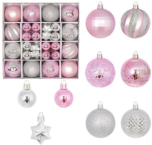 FUNLOV 44Pcs 3cm/1.18 Christmas Tree Baubles Shatterproof Plastic Xmas Balls Tree Decorations, Christmas Tree Pendants Gifts Holiday Party Festival Wedding Decor (Pink-Silver)