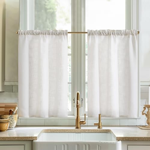 Vangao Enfärgade fönstergardiner moderna kök linneutseende gardiner kort bistrogardin set om 2 65 B x 90 H cm ljusgenomsläppliga köksgardiner med stänger, lantställe husvagn, vardagsrum, vit, vit