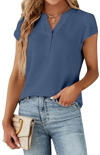 Blooming Jelly Women's Dressy Casual Tops Business Work Blouses Button Down V Neck Shirts 2026 Summer Cute Cap Sleeve Tshirt (Grey Blue,X-Large)