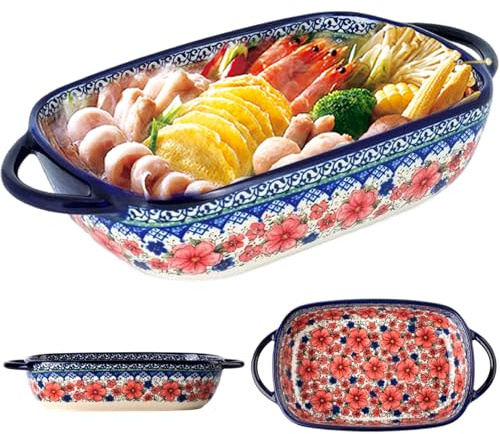 Baking Dish 730ml Heat-resistant Ceramic Oven Dish with Dual Handles Flower Print Rectangle Lasagne Dish Non Slip Casserole Dishes for Oven