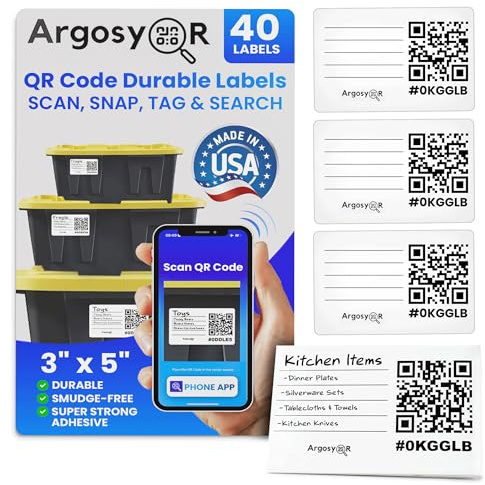 Argosy QR Weatherproof Smart Labels for Storage Bins – 40 Pack 3x5 Inch – USA-Made Dual-Function QR Code & Write-On Labels for Bins, Moving Boxes, Totes & Inventory Organization