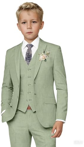 Botong Boys Linen Suit for Summer Wedding 3 PC Notch Lapel Kids Tuxedos Toddler Formal Wear Sage 8T