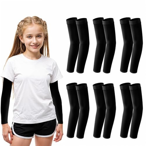 Neyauo 6 Pairs Arm Sleeves for Kids, UV Sun Protector Kids Arm Sleeves Sport Breathable Elastic Ice Youth Compression Sleeve(Black)