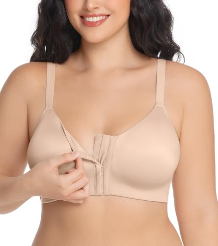 Curyon Women's Wirefree Front Closure Bra - Soft 3D Molded Cups Double-Layer Brushed Fabric Adjustable Anti-Slip Straps Convertible X-Back Comfortable Everyday Wear Beige 36 C
