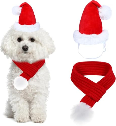 2PCS Costume de Noël pour Chien, Bonnet et Écharpe de Noël pour Chien, Deguisement Chiens Noels avec Écharpe Réglable, Costume de Noëls pour Animaux de Compagnie pour Chiots, Petits, Moyens Chiens, M
