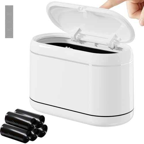 PAVSTINE Cestino Da Scrivania Pop-Up, Mini Pattumiera da Tavolo Design a Doppia Canna, Pattumiera da Scrivania Dotato di 5 Rotoli di Sacchetti per la Spazzatura e 4 Tappetini Antiscivolo, Bianco