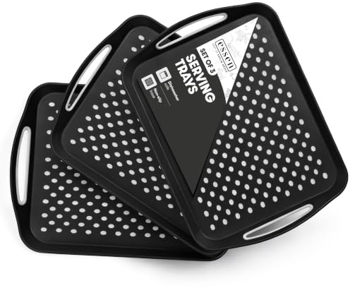 Essen 3-Pack Serving Tray Set – Non-Slip Lap Boards with Grip Handles, Ideal for Food Prep, Tea, Breakfast in Bed – Plastic Tray for Stable Dining – Dishwasher Safe (Black/Black)