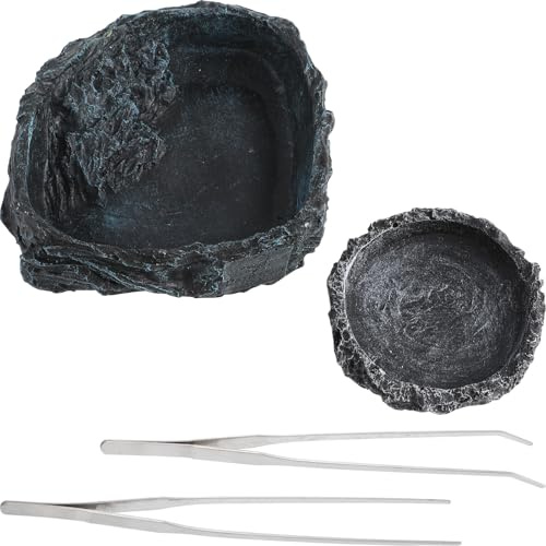 SHOWERORO 2 Cuencos de Comida y Agua para Reptiles en Resina Negra con Superficie Simulada de Roca y Pinzas para Tortugas, Lagartos y Ranas en Terrario