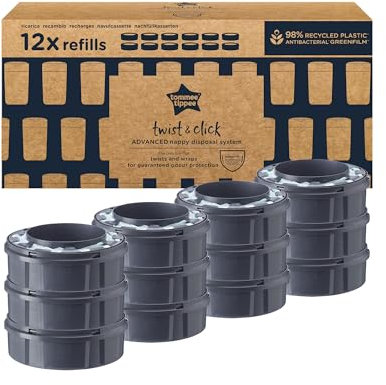 Tommee Tippee Windeleimer Nachfüllkassetten für Twist & Click, nachhaltiger antibakterieller GREENFILM, 12er Pack
