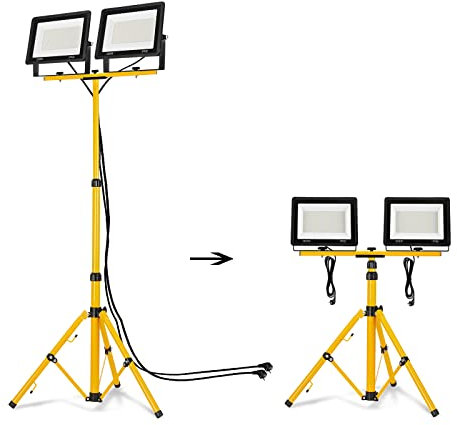 NAIZY LED Baustrahler Arbeitsleuchte 200W*2 16000LM Warmweiß LED Fluter Floodlight inkl. Stativ und 3M Kabel, LED Fluter Arbeitsscheinwerfer IP66 für Baustelle Garage