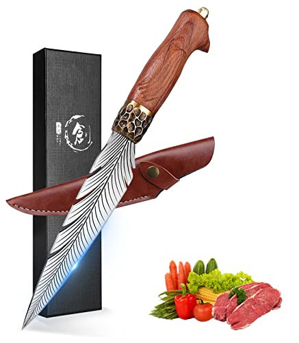 PURPLEBIRD Handgeschmiedetes Kochmesser mit Lederhülle, Scharfes Ausbeinmesser mit Holzgriff Outdoor Messer, Küchenmesser aus Kohlenstoffstahl