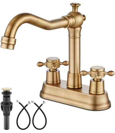 Aolemi 4 Inch Centerset Bathroom Sink Faucet Vintage 2 Cross Handle RV Mixer Tap Basin Vanity Lavatory Utility for Sink 3 Hole Include Hoses Pop Up Drain Faucet Handle Without Label Antique Brass