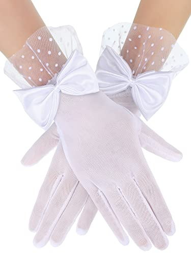 Guanti da Sposa in Pizzo Guanti di Tulle Trasparenti Corti con Fiocco Elegante per Ragazza Donna Festa Funerale (Bianco)