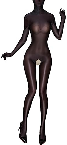 YiZYiF Lingerie da Donna Lucido Manica Lunga Body Intero Collant Trasparente Crotchless Bodysuit Stretch Sexy Pigiama Bodystocking Nero XL