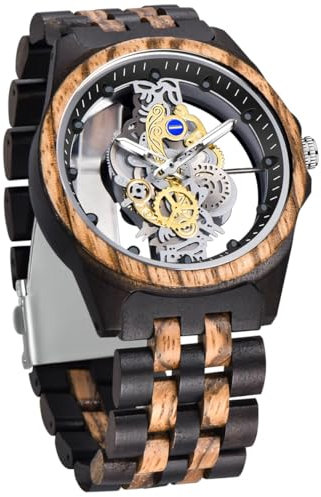 Tiong Herren Holzuhr Holz Bambus Hohles Skelett des Zahnrads Herrenuhren Analoge Quarz Holzuhren für Männer