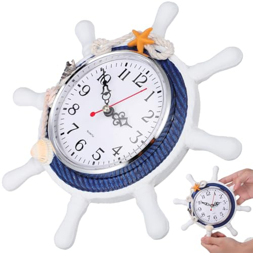 GRIRIW Silent Ticking Mediterranean Wall Clock with Rope Detail Nautical Ship Wheel Accent Wall Decor for Kitchen Bedroom Living Room Office (Random Colour) Coastal Beach Home Decoration