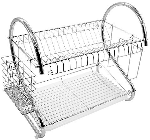 MUL-BOUTIQUE Egoutoire Vaisselle Cuisine INOX, Grande Capacité Égouttoir à Vaisselle Cuisine à 2 Niveaux, avec Bac Récupération Amovible et Crochets (40 * 26 * 37cm, Support pour Planche à découper)