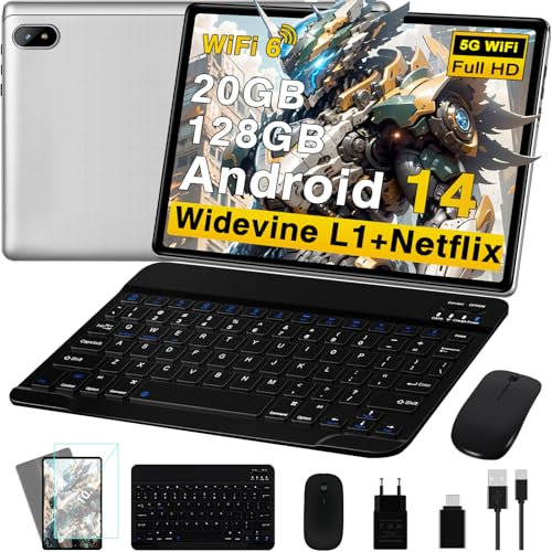 Tablet Android 15 10 Pollici 64GB ROM+2TB, Gemini AI, Octa-Core 2.0Ghz, 1280*800 FHD IPS, Standby Molto Lungo, 5G WiFi, Widevine L1, 5MP+13MP, Face ID, GMS Certificazione, Tablet con Tastiera,Argento