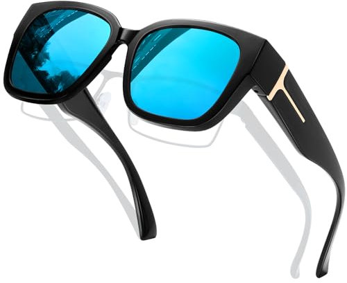 KANASTAL Gafas de Sol Superpuestas Azul Hombre y Mujer Grandes Cuadradas Polarizadas Sobrepuestas Anchas Vintage Senderismo Blue Sunglasses - Negras Montura con Azul Espejo