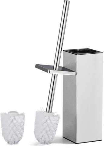 ALFKET Escobillas de Baño, Escobilla WC Mango y Portaescobillas de Acero Inoxidable, Cuadrado Escobillero Baño con 2 x Cabezales, Escobillero para Baño 8x8x42.5cm, Plata