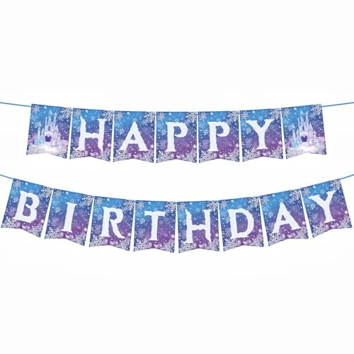 Frozen Snowflake Birthday Party Banner Frozen Party Decorations Winter Snowflake Happy Birthday Banners for Winter Wonderland Christmas Party Supplies Baby Shower Decorations(Blue Snowflake)