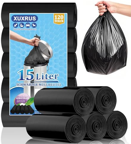 XUXRUS 120 x 15 Litre Black Rubbish Bags Heavy Duty Tear Resistant Small Trash Bags Suitable for Bathrooms, Toilets and Kitchens