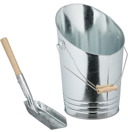 Relaxdays Cubo Cenizas, Pala, 10 L, Carbón, Pellets, Briquetas, Accesorios Chimenea, Recipiente con Asa, Plata/Natural, Hierro, Madera