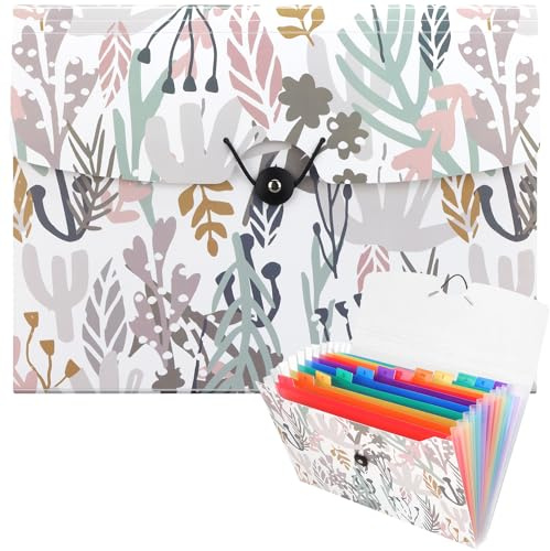 Uquelic 13-Pocket Expanding File Folder, Accordion File Holder with Elastic Buckles Closure – Holds Letter/A4 Size Documents, Floral Printed Accordion Folder, School Office Supplies(Seagrass Print)