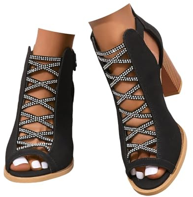 Xbemkste Sandalias de mujer con tacón vintage sandalias romanas con cremallera elegantes tacones altos sandalias peeptoe sandalias de verano zapatos elegantes clásicos de tacón de bloque, Negro