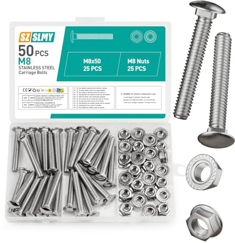 50 Pcs M8 Coach Bolts, M8 x 50mm Cup Square Carriage Bolts and Nuts Set, Stainless Steel Coach Screws with Hexagon Flange Nuts