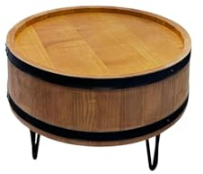 weeco Table basse rustique en forme de tonneau de vin, 51 cm de diamètre, 43 cm de hauteur, en bois avec anneaux en métal, pieds en acier