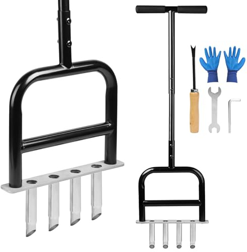 LALAGO Aérateur de Gazon Core de Pelouse 4 Dents 93cm, Outil d'Aération Manuel du Sol, Pic à Gazon avec Outil de Démoulage, Carottage Poignée Souple Creuse pour Ameublir le Sol et Améliorer la Pelouse