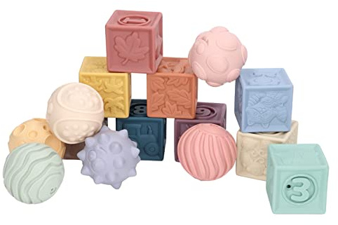 Elprico Mattoncini Sensoriali in Morbido Silicone per Bambini per la Dentizione, Sicuri e Facili da Pulire, Blocchi da 15 Pezzi per Gioco Pratico e Sviluppo Cognitivo