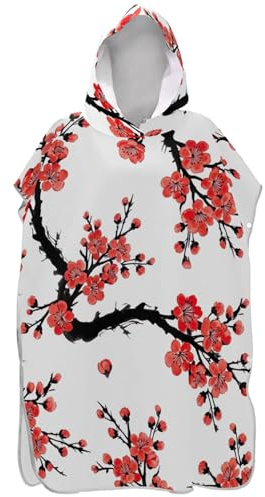 Joitme Surf Poncho Adults Changing Robe Beach Bath Hooded Towels Wearable Men Women Poncho with Hood Cherry Blossom Branch White One Size