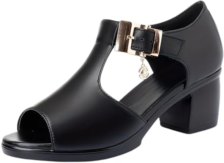 Zapatos Mujer Tacon Sandalias Cómodas Qies Anchos Sandalias elegantes para mujer, con punta abierta y tacón grueso, con hebilla dorada y cubierta sintética negra, Sandalia de Esparto Vestir