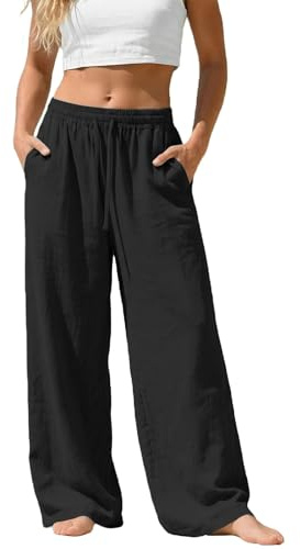 Pantalon Femme Coton et Lin Été Léger Fluide Ample Large Pantalons Palazzo Coupe Droit Taille Haute Élastique Chic et Elegant Linen Pants de Plage en Coton Décontracté Mode Vêtements