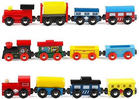 Joqutoys 12 PCS Wooden Train Cars, Train Toys Magnetic Set Includes 3 Engines and Storage Bag, Toy Train Sets for Kids Toddler Boys and Girls, Compatible with Major Brands Train Tracks Set