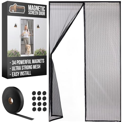 GORILLA GRIP Magnetic Screen Door, Hands Free Mesh Curtain Keeps Bugs and Mosquitos Out, Automatic Magnet Closure, Heavy Duty Patio Sliding Dog Doors Cover, Window Screens Protector, Black 38x82