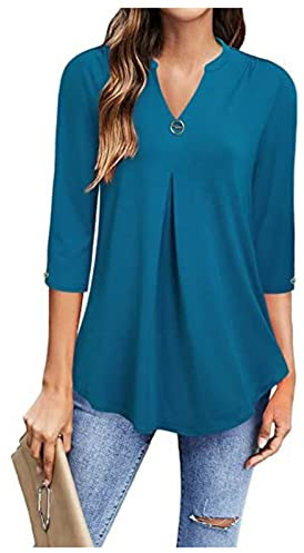 Womens Tops Shirt Summer Long Sleeve Blouses V Neck Button Blouse Casual Top Loose Ladies T-Shirt Soft Comfy Solid Elegant Sweatshirt(Size:L,Color:Teal)