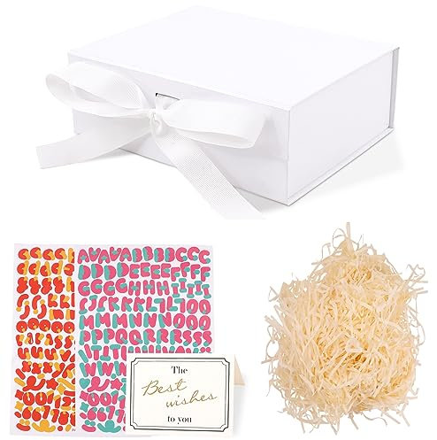 Bezioner Geschenkbox mit Deckel, Magnetische Geschenkkarton mit 3 Aufkleber,karte,band und Geschreddertes Papier, Geschenkboxen für Hochzeit Geburtstag Weihnachten Jubiläum Weiß