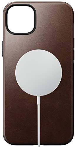 Nomad Moderne Lederhülle für iPhone 14 Plus - Horween Leder, 360° erhöhte Kanten, TPE Bumper, 10ft Fallschutz, Mag Safe & Wireless Charging (Rustic Brown)