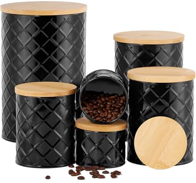 FavorFlavor Kitchen Storage Containers for Countertop Set of 6,Food Containers with Airtight Lids,Flour and Sugar Storage Containers,Black Canister Set for Coffee and Tea,Farmhouse Kitchen Decor