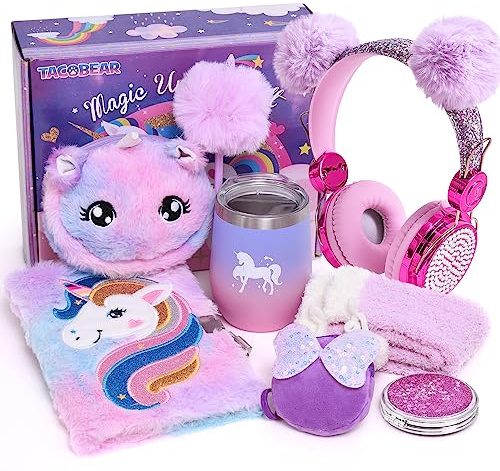 Einhorn Geschenke für Mädchen 6 7 8 9 10 Jahren Verdrahtet Kopfhörer Kinder Notizbuch Plüsch Brieftasche Socken Wasserbecher Treibsandspiegel Spielzeu Kindergeburtstag