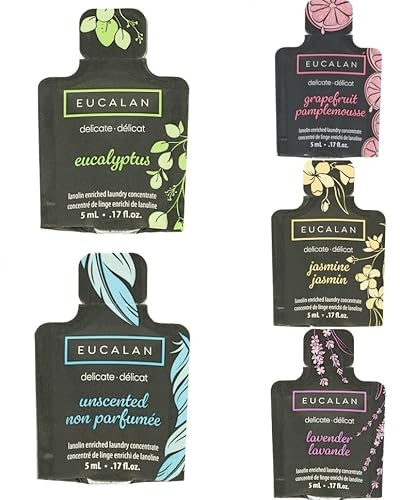 Eucalan 5ml Proben in verschiedenen Düften - 5er Set - Grapefruit Jasmin Natural Eukalyptus Lavendel - Waschmittel für Wolle, Seide, Naturfasern