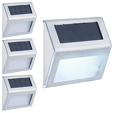 Relaxdays Lámparas Solares Pared Jardín Entrada y Terraza, Set 4, Focos LED Exterior, Acero INOX, Luz Blanca, Plateado, 8 x 10 x 2 cm Aprox