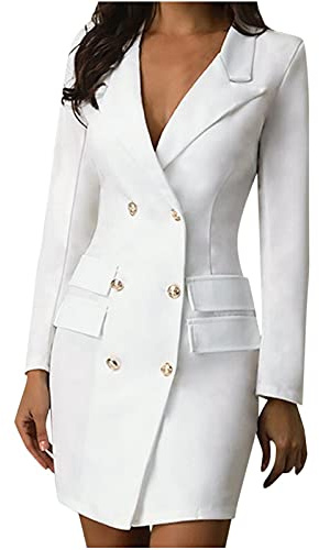 2023 Robe Blazer Femme Sexy Col V Veste Bussiness Loisirs Tailleur Longue Cintré À Manches Longues Soirée Chic Robe Moulante Slim Fit Mini Robe Club Affaires Fête avec Ceinture Double Boutonnage