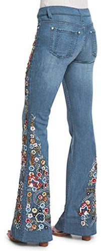 OBiQuzz Pantalon évasé pour femme - Taille basse - Pantalon baggy en denim - Coupe droite - Motif fleurs brodées - Pantalon en jean stretch large - Coupe ajustée - Coupe ajustée - Jean droit - Vintage