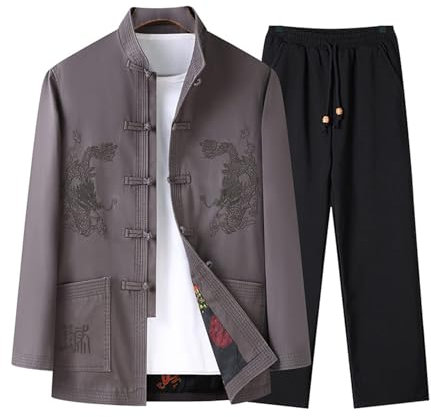 PTATT Männer Tang Anzug chinesische Kleidungsanzüge gestickt Dragon Langärmel Mantel Herren Tops und Hosen grey-XXL