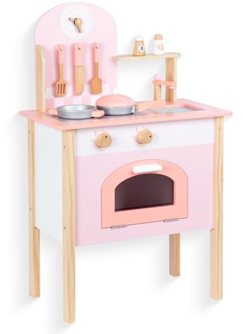 Rosa Hölzerne Kinderküche, Kinderspielküche mit Spüle Herd Backofen, Holzküche Spielzeugküche, Spielküche aus Holz mit Zubehör für Kinder ab 3 Jahren